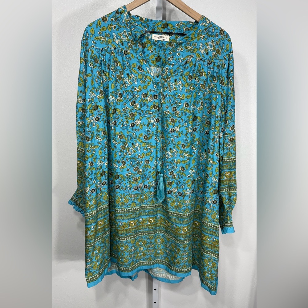 Natural Life Dara V-Neck Mini Dress Large Blue Green Tassels - Picture 2 of 8